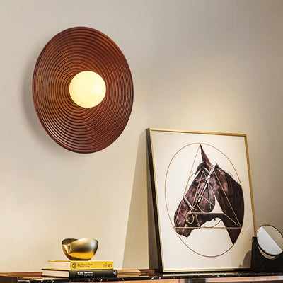 Traditional Japanese Round Wood 1-Light Wall Sconce Lamp For Living Room