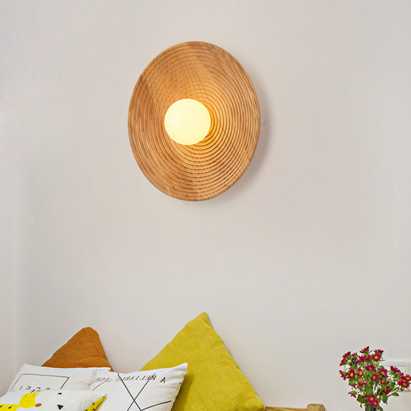 Traditional Japanese Round Wood 1-Light Wall Sconce Lamp For Living Room