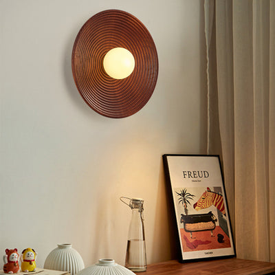 Traditional Japanese Round Wood 1-Light Wall Sconce Lamp For Living Room