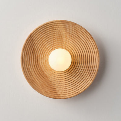 Traditional Japanese Round Wood 1-Light Wall Sconce Lamp For Living Room