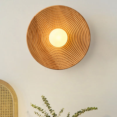 Traditional Japanese Round Wood 1-Light Wall Sconce Lamp For Living Room