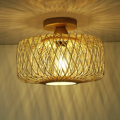 Traditional Chinese Round Wood Rattan 1-Light Semi-Flush Mount Ceiling Light For Living Room