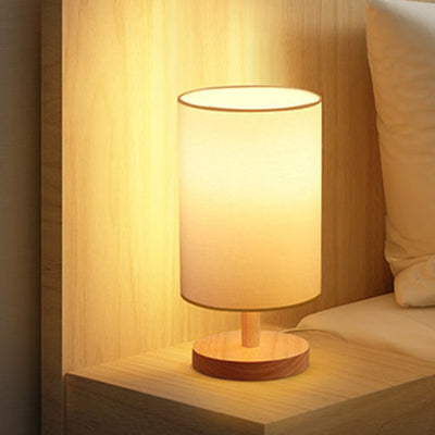 Traditional Japanese Cylinder Wood Fabric 1-Light Table Lamp For Living Room