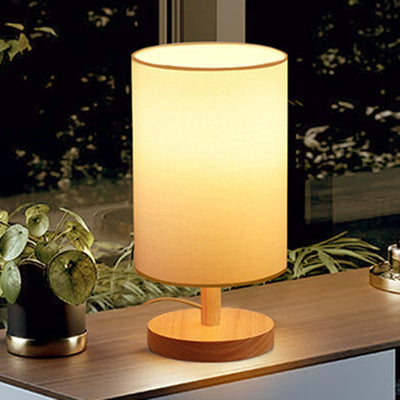 Traditional Japanese Cylinder Wood Fabric 1-Light Table Lamp For Living Room