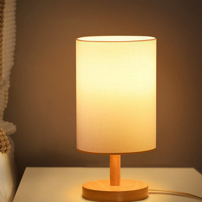 Traditional Japanese Cylinder Wood Fabric 1-Light Table Lamp For Living Room