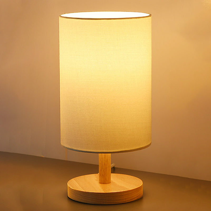 Traditional Japanese Cylinder Wood Fabric 1-Light Table Lamp For Living Room