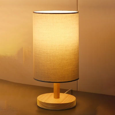 Traditional Japanese Cylinder Wood Fabric 1-Light Table Lamp For Living Room