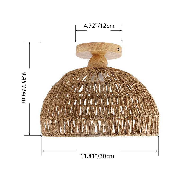 Traditional Japanese Dome Wood Rattan 1-Light Semi-Flush Mount Ceiling Light For Living Room