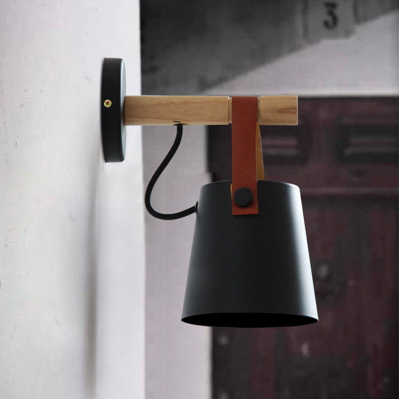 Contemporary Nordic Drum Wood Iron 1-Light Wall Sconce Lamp For Living Room