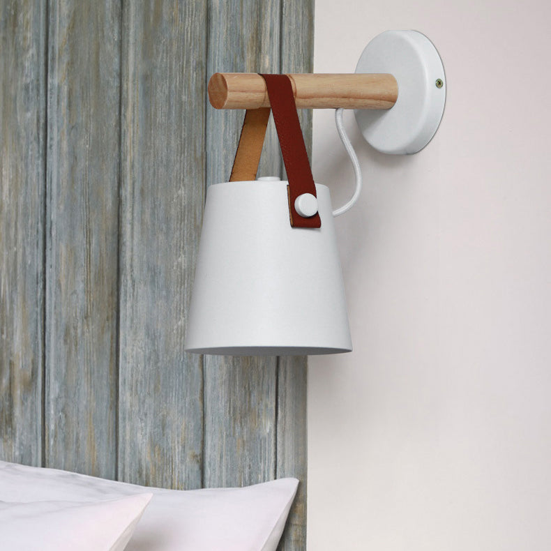 Contemporary Nordic Drum Wood Iron 1-Light Wall Sconce Lamp For Living Room