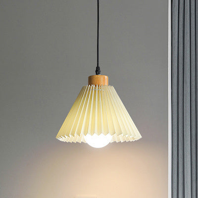 Traditional Japanese Cone Wood Fabric 1-Light Pendant Light For Living Room