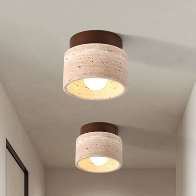 Traditional Japanese Round Square Stone Wood 1-Light Semi-Flush Mount Ceiling Light For Living Room