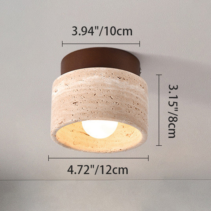 Traditional Japanese Round Square Stone Wood 1-Light Semi-Flush Mount Ceiling Light For Living Room