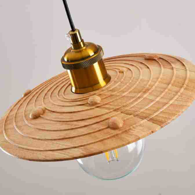 Traditional Japanese Round Copper Wood 1-Light Pendant Light For Living Room