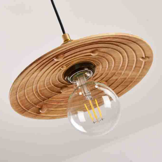 Traditional Japanese Round Copper Wood 1-Light Pendant Light For Living Room