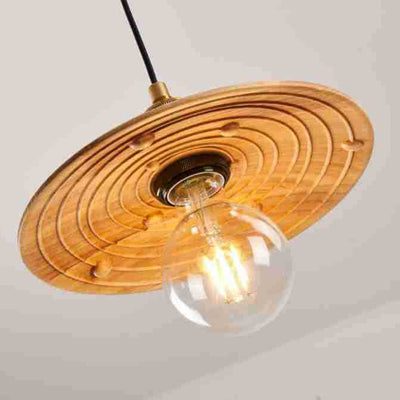 Traditional Japanese Round Copper Wood 1-Light Pendant Light For Living Room