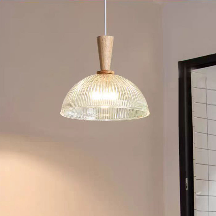 Contemporary Nordic Drum Wood Glass 1-Light Pendant Light For Living Room