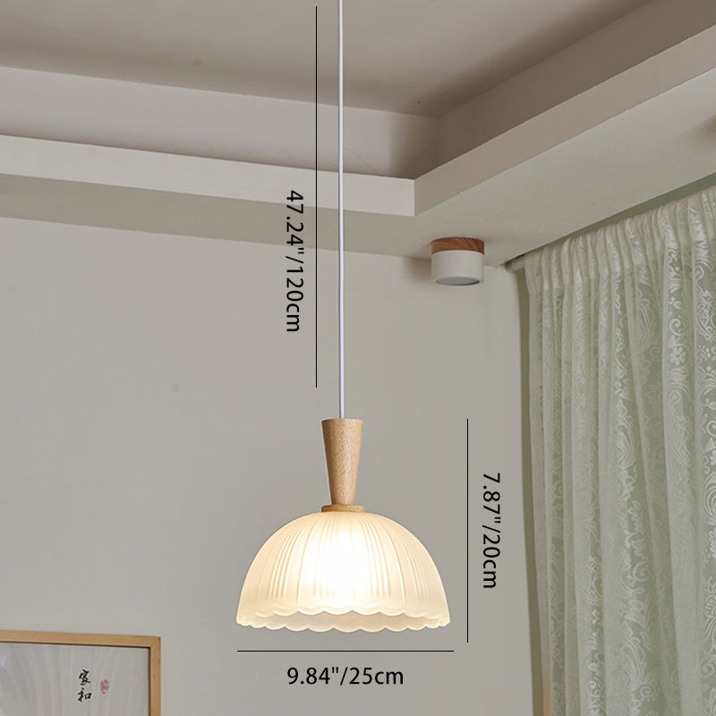 Contemporary Nordic Drum Wood Glass 1-Light Pendant Light For Living Room