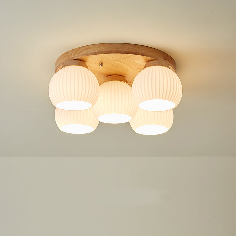 Contemporary Nordic Round Wood Glass 5-Light Semi-Flush Mount Ceiling Light For Living Room