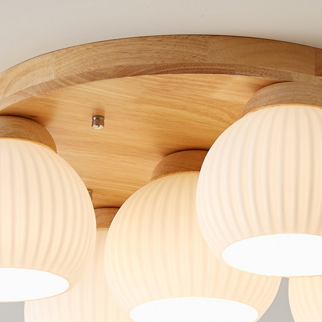 Contemporary Nordic Round Wood Glass 5-Light Semi-Flush Mount Ceiling Light For Living Room