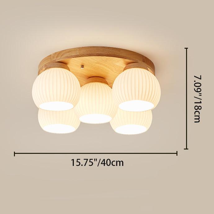 Contemporary Nordic Round Wood Glass 5-Light Semi-Flush Mount Ceiling Light For Living Room