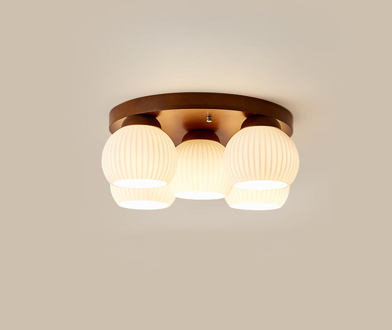 Contemporary Nordic Round Wood Glass 5-Light Semi-Flush Mount Ceiling Light For Living Room