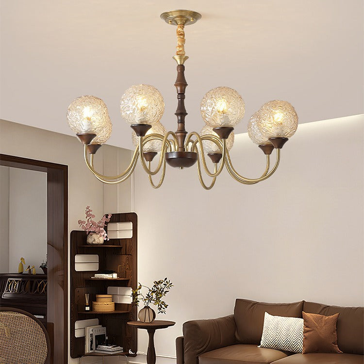 Contemporary Luxury Globe Copper Wood Glass 3/6-Light Chandelier For Living Room