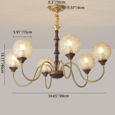 Contemporary Luxury Globe Copper Wood Glass 3/6-Light Chandelier For Living Room