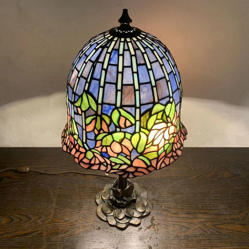 Traditional Tiffany Dome Copper Glass 1-Light Table Lamp For Living Room