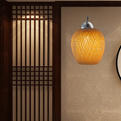 Traditional Chinese Oval Iron Bamboo 1-Light Wall Sconce Lamp For Living Room