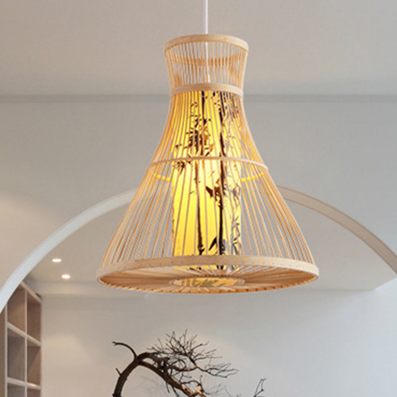 Traditional Chinese Cylinder Bamboo Paper 1-Light Pendant Light For Living Room