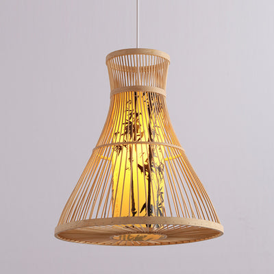 Traditional Chinese Cylinder Bamboo Paper 1-Light Pendant Light For Living Room