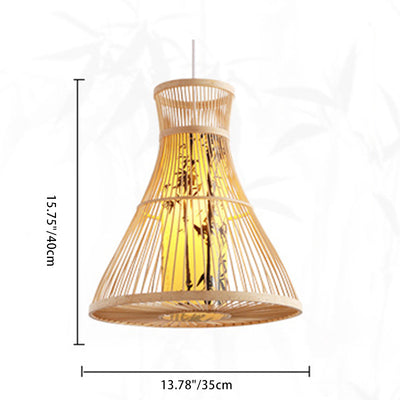 Traditional Chinese Cylinder Bamboo Paper 1-Light Pendant Light For Living Room