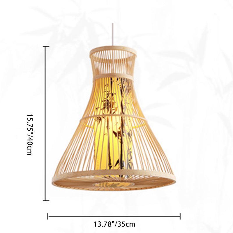 Traditional Chinese Cylinder Bamboo Paper 1-Light Pendant Light For Living Room