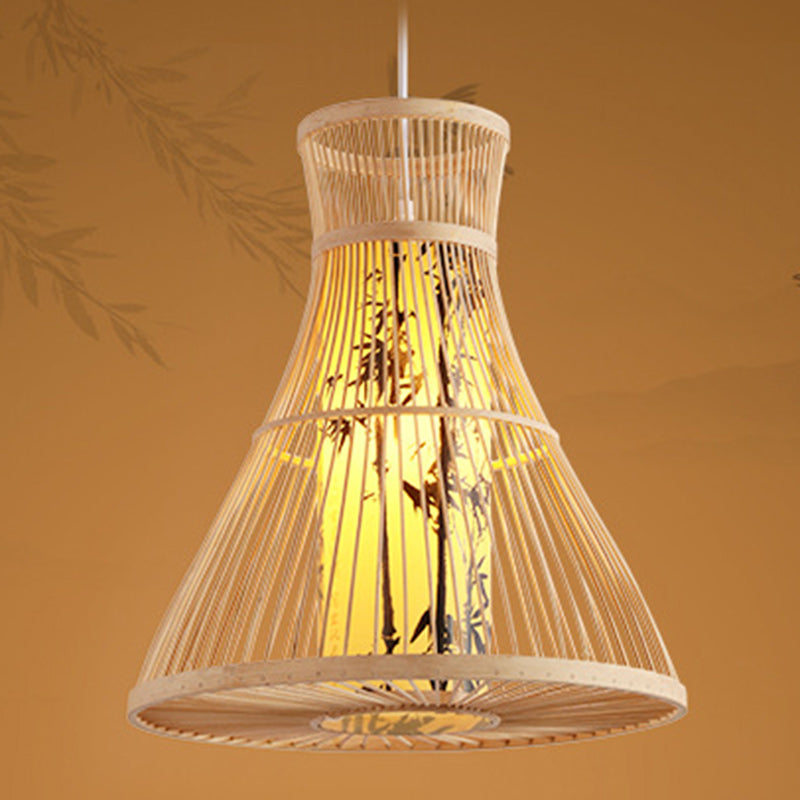 Traditional Chinese Cylinder Bamboo Paper 1-Light Pendant Light For Living Room