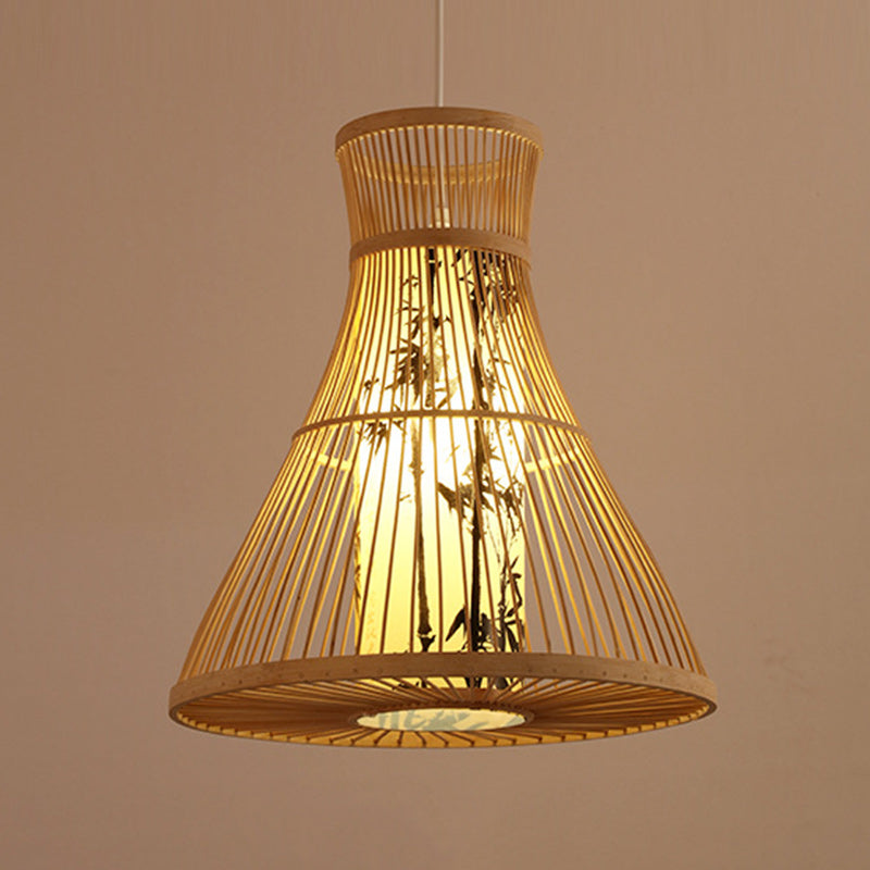 Traditional Chinese Cylinder Bamboo Paper 1-Light Pendant Light For Living Room