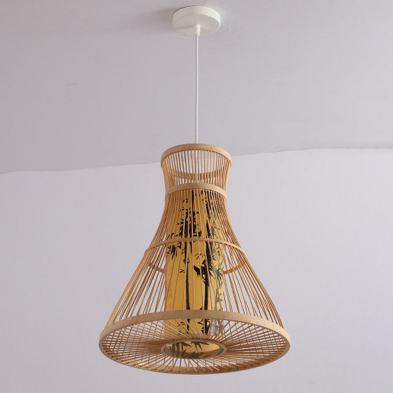 Traditional Chinese Cylinder Bamboo Paper 1-Light Pendant Light For Living Room