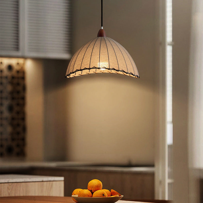 Traditional Japanese Dome Wood Fabric 1-Light Pendant Light For Living Room