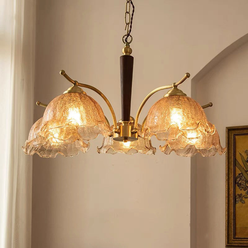 Traditional French Dome Copper Wood Glass 3/5-Light Chandelier For Living Room