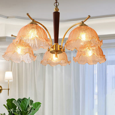 Traditional French Dome Copper Wood Glass 3/5-Light Chandelier For Living Room