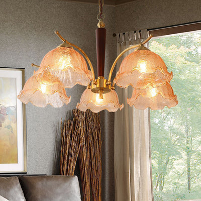 Traditional French Dome Copper Wood Glass 3/5-Light Chandelier For Living Room