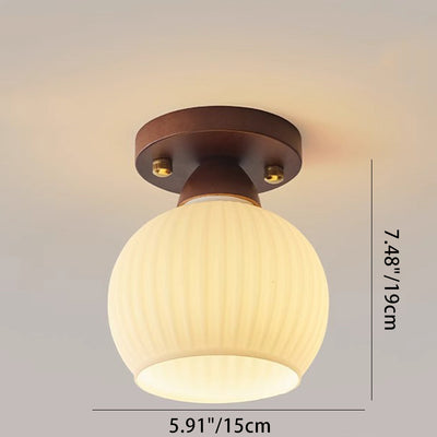 Traditional Japanese Oval Wood Glass 1-Light Semi-Flush Mount Ceiling Light For Living Room