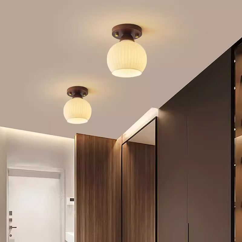 Traditional Japanese Oval Wood Glass 1-Light Semi-Flush Mount Ceiling Light For Living Room