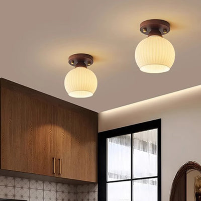 Traditional Japanese Oval Wood Glass 1-Light Semi-Flush Mount Ceiling Light For Living Room