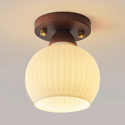 Traditional Japanese Oval Wood Glass 1-Light Semi-Flush Mount Ceiling Light For Living Room