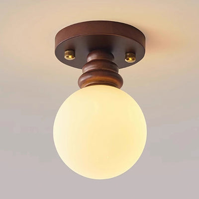 Traditional Japanese Oval Wood Glass 1-Light Semi-Flush Mount Ceiling Light For Living Room