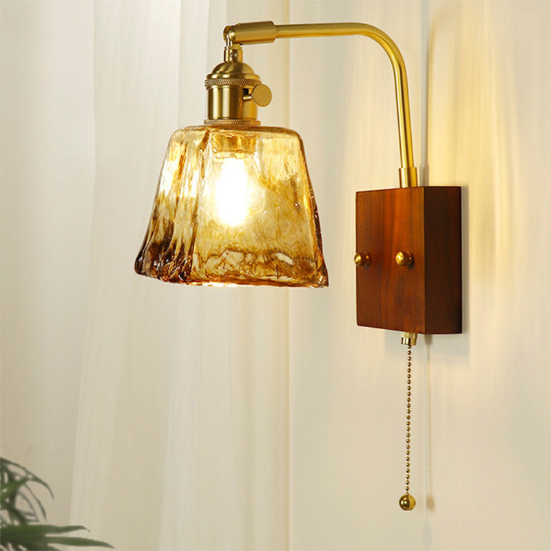 Traditional Japanese Trapezoid Copper Wood Glass 1-Light Wall Sconce Lamp For Living Room