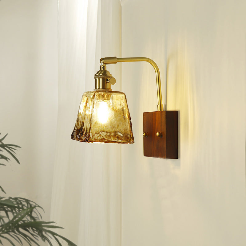 Traditional Japanese Trapezoid Copper Wood Glass 1-Light Wall Sconce Lamp For Living Room