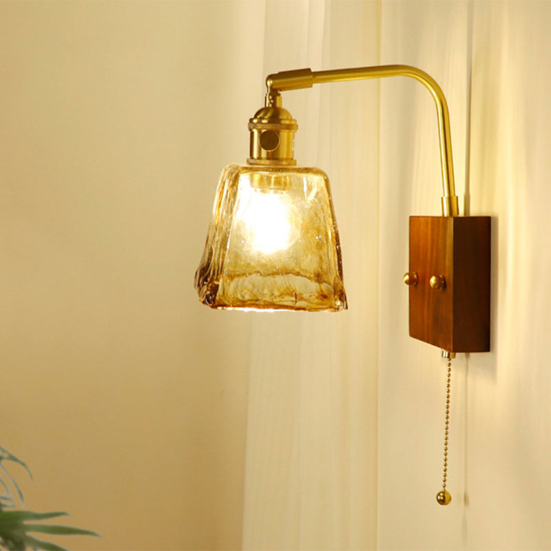 Traditional Japanese Trapezoid Copper Wood Glass 1-Light Wall Sconce Lamp For Living Room