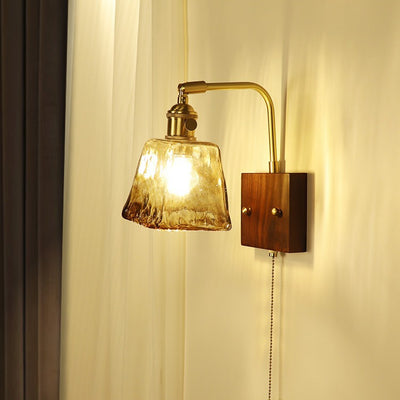 Traditional Japanese Trapezoid Copper Wood Glass 1-Light Wall Sconce Lamp For Living Room